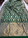 Bottel Green Banarasi Handloom Katan Silk Saree - Aura Benaras