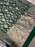 Bottel Green Banarasi Handloom Katan Silk Saree - Aura Benaras