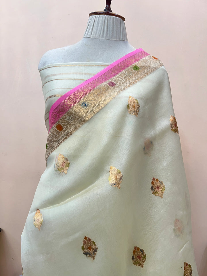 White Pure Kora Silk Handloom Banarasi Saree