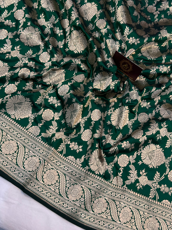 Bottel Green Banarasi Handloom Katan Silk Saree - Aura Benaras