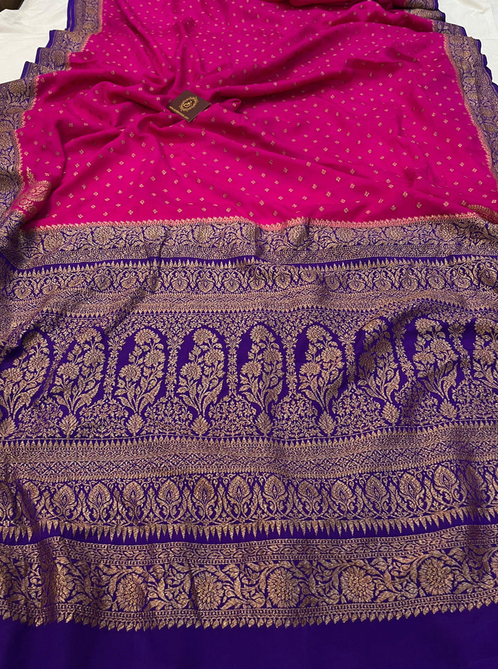 Rani Pink Pure Banarasi Khaddi Crepe Silk Saree - Aura Benaras