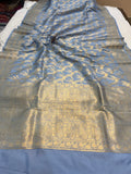 Powder Blue Banarasi Handloom Katan Silk Saree - Aura Benaras