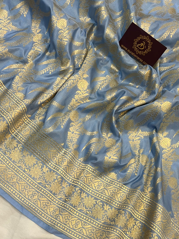 Powder Blue Banarasi Handloom Katan Silk Saree - Aura Benaras