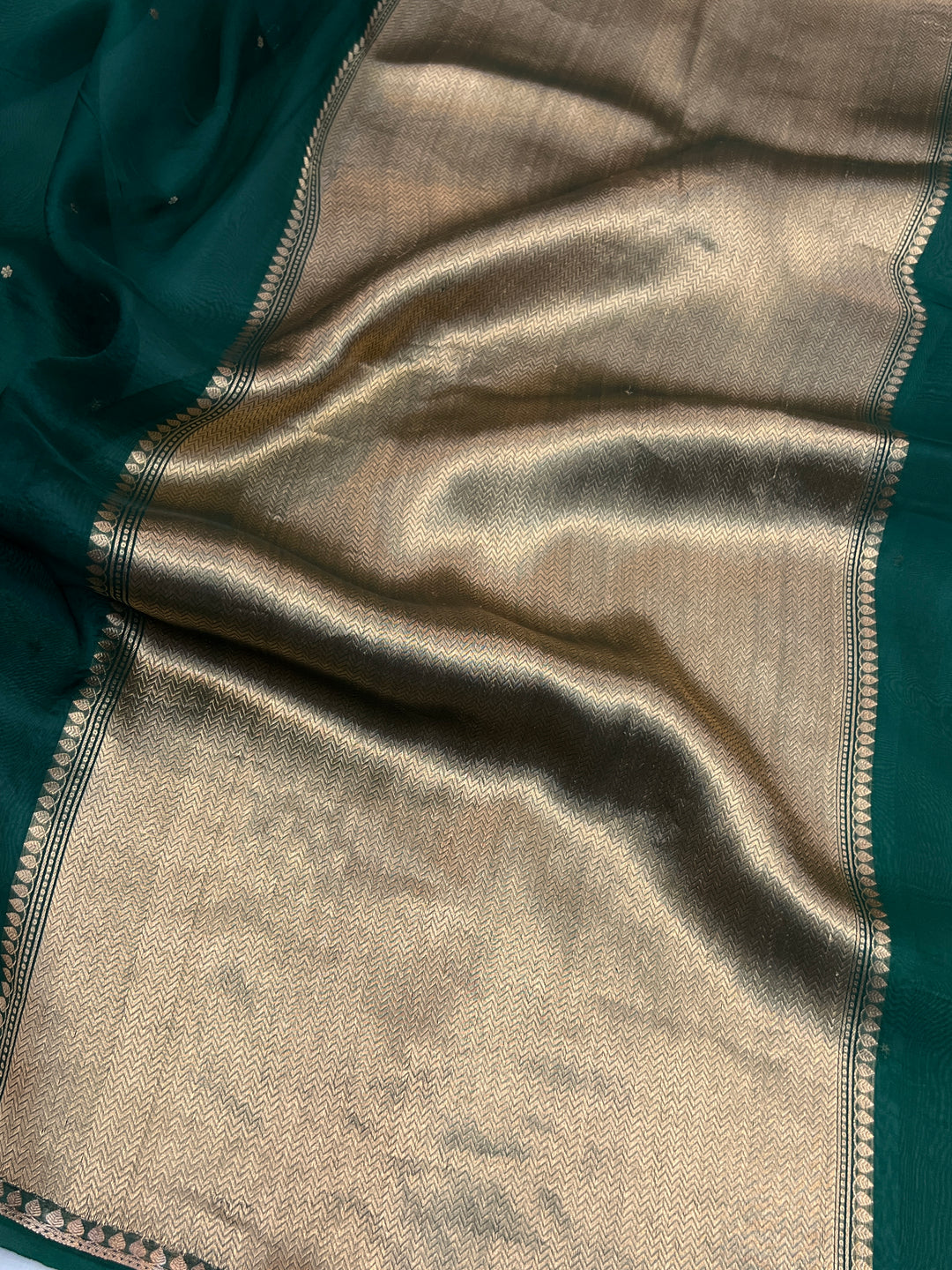 Bottle Green Pure Kora Silk Handloom Banarasi Saree