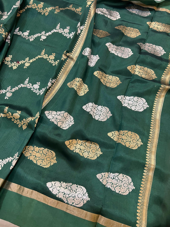 Bottle Green Pure Banarasi Handloom Silk Saree - Aura Benaras