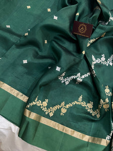 Bottle Green Pure Banarasi Handloom Silk Saree - Aura Benaras