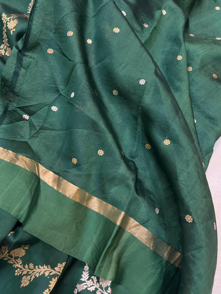 Bottle Green Pure Banarasi Handloom Silk Saree - Aura Benaras