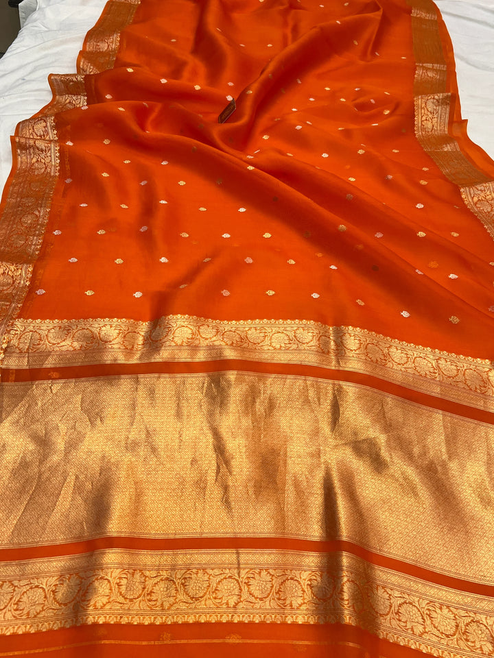 Orange Banarasi Handloom Kora Silk Saree