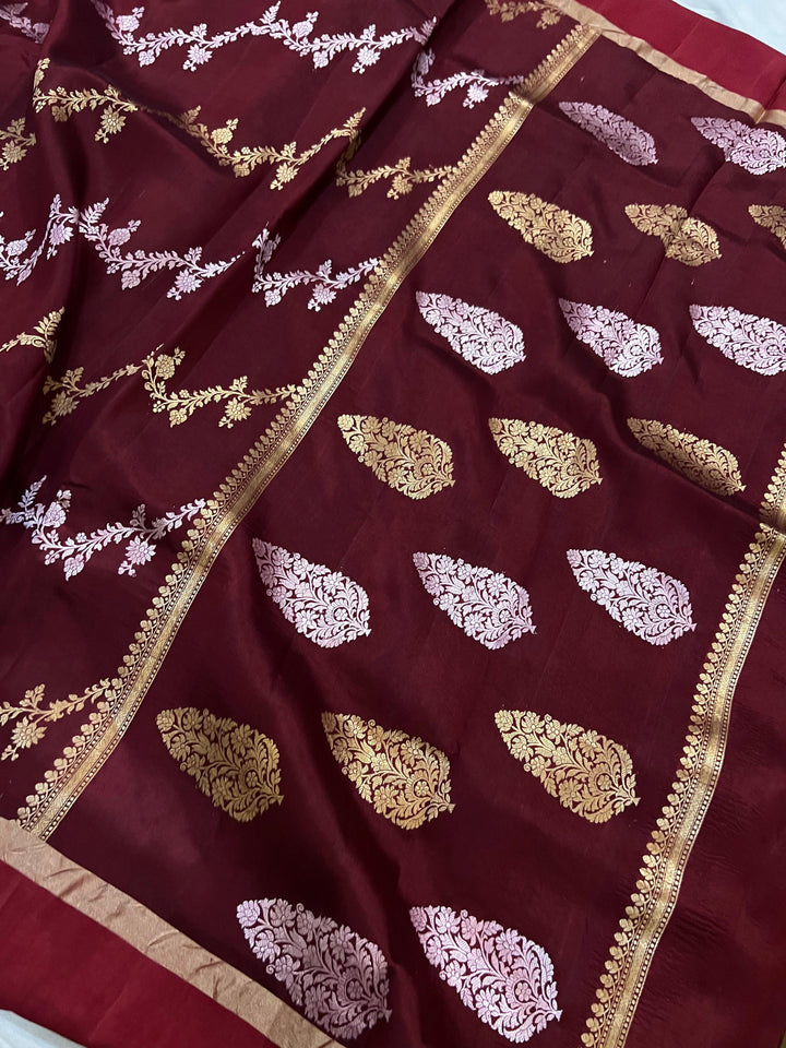 Maroon Pure Banarasi Handloom Silk Saree - Aura Benaras
