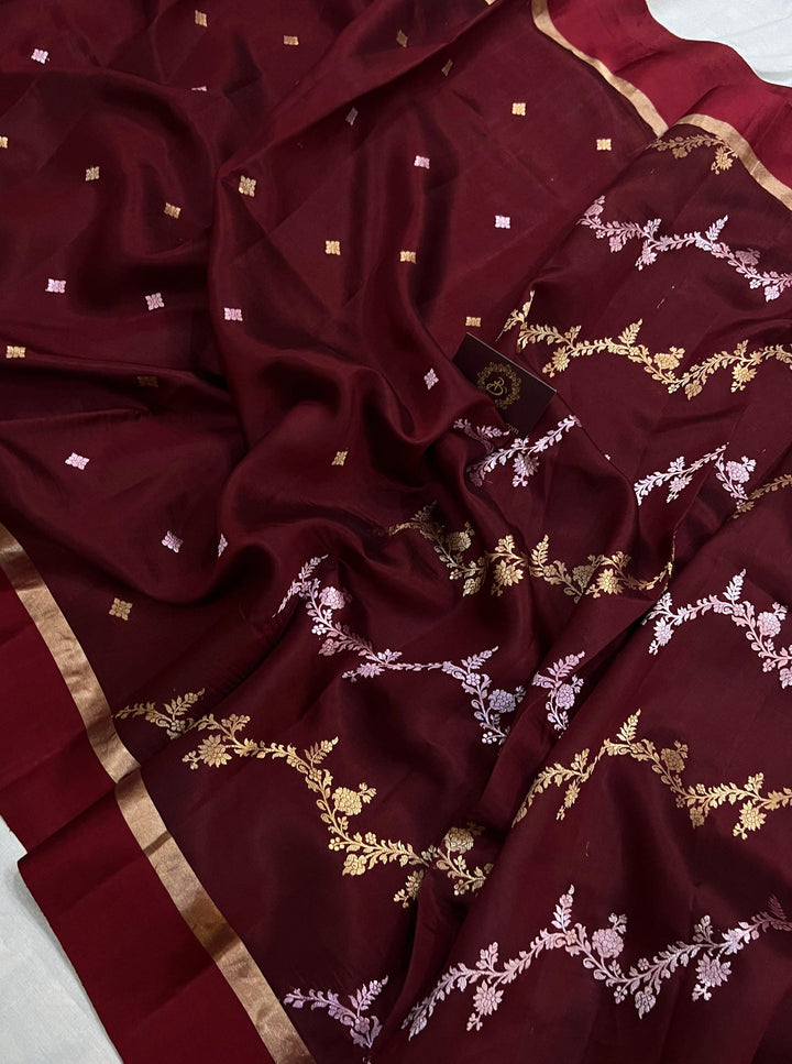 Maroon Pure Banarasi Handloom Silk Saree - Aura Benaras