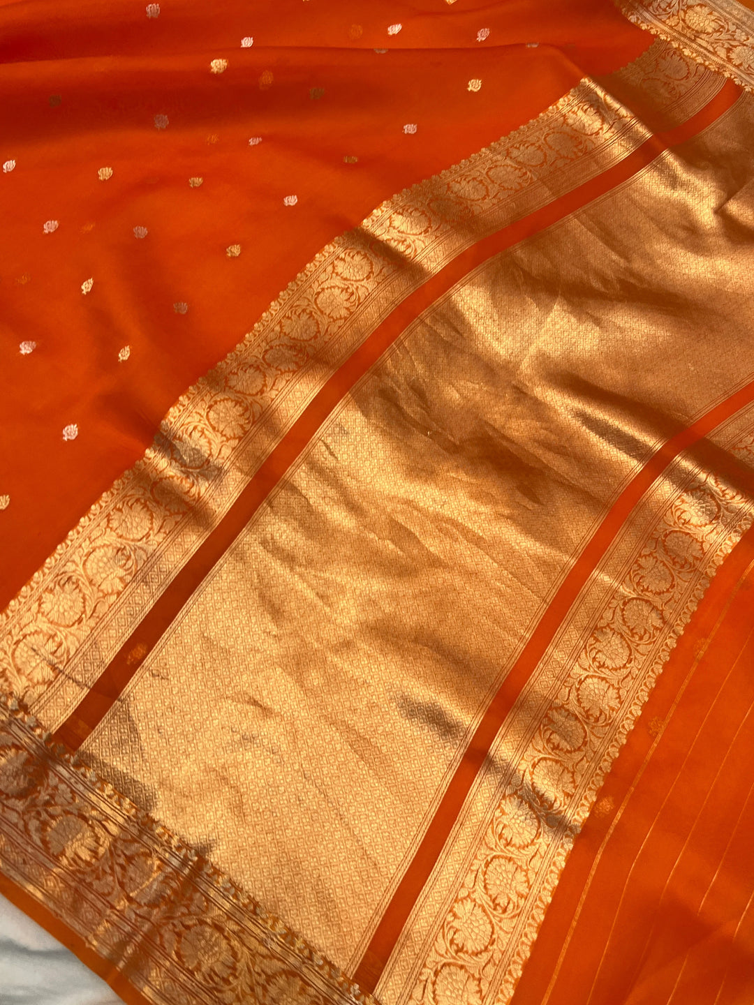 Orange Banarasi Handloom Kora Silk Saree