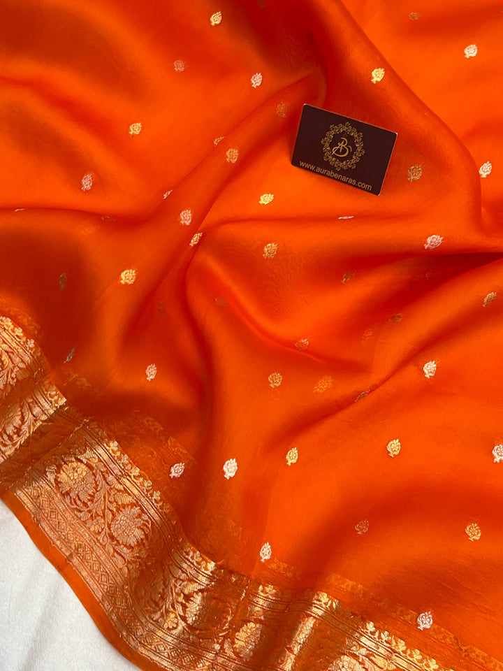 Orange Banarasi Handloom Kora Silk Saree