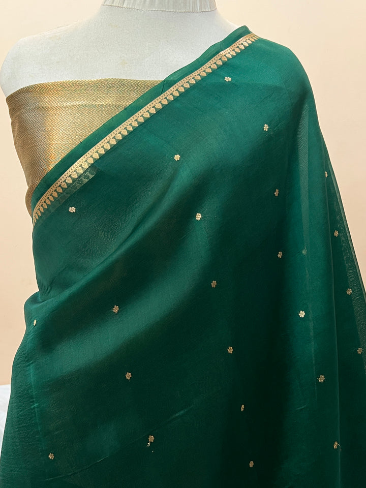 Bottle Green Pure Kora Silk Handloom Banarasi Saree
