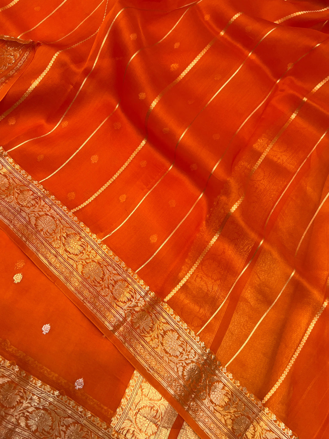 Orange Banarasi Handloom Kora Silk Saree