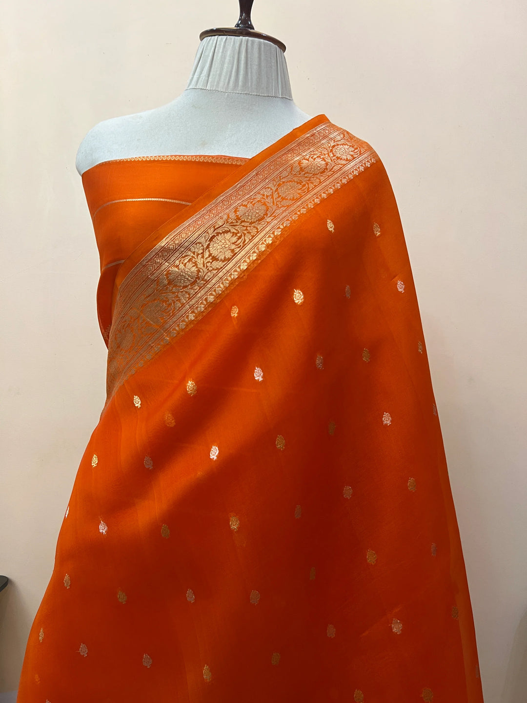 Orange Banarasi Handloom Kora Silk Saree