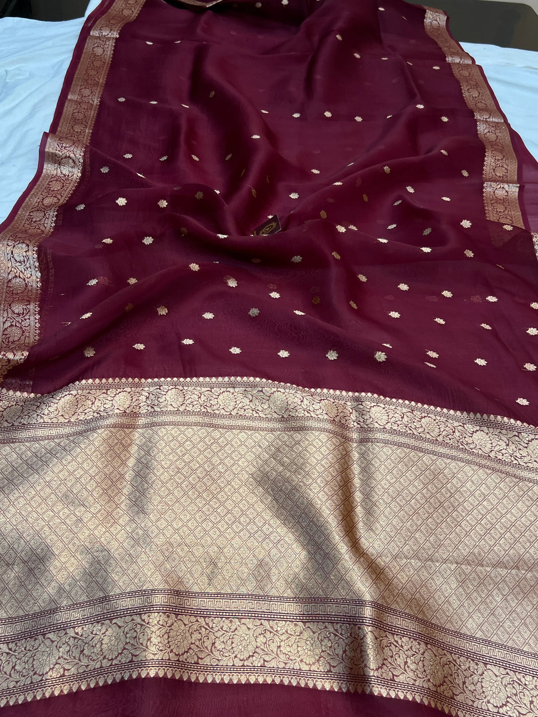 Maroon Banarasi Handloom Kora Silk Saree