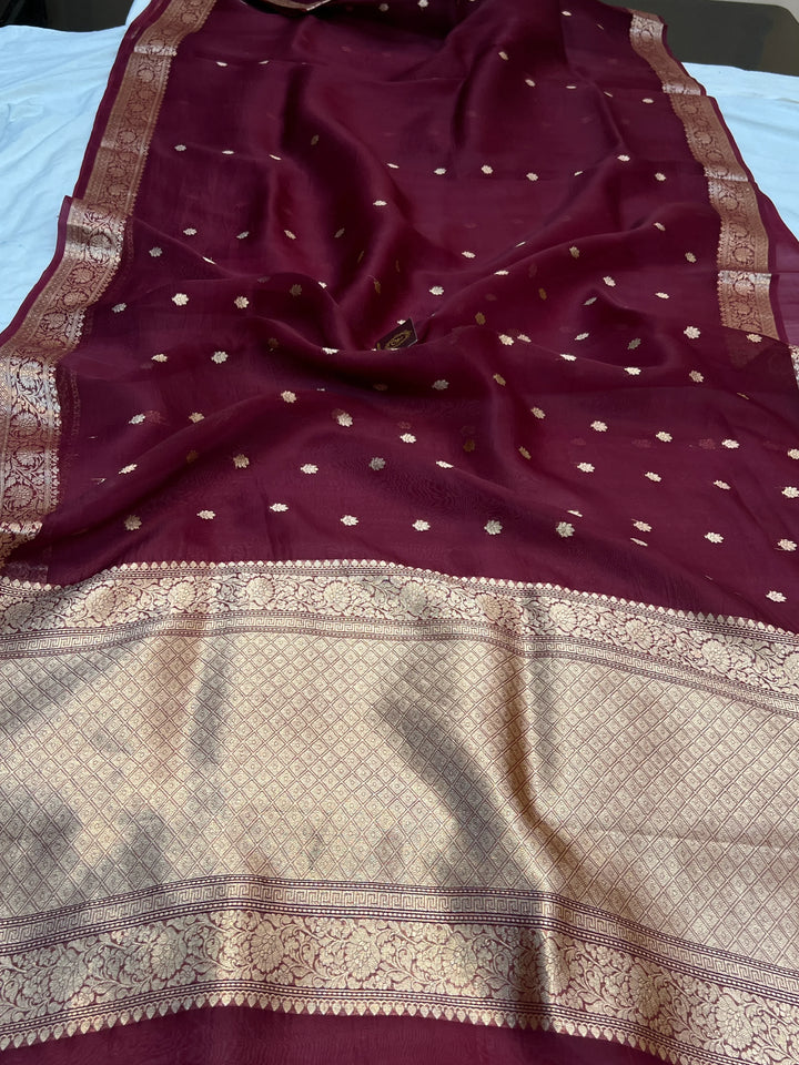 Maroon Banarasi Handloom Kora Silk Saree