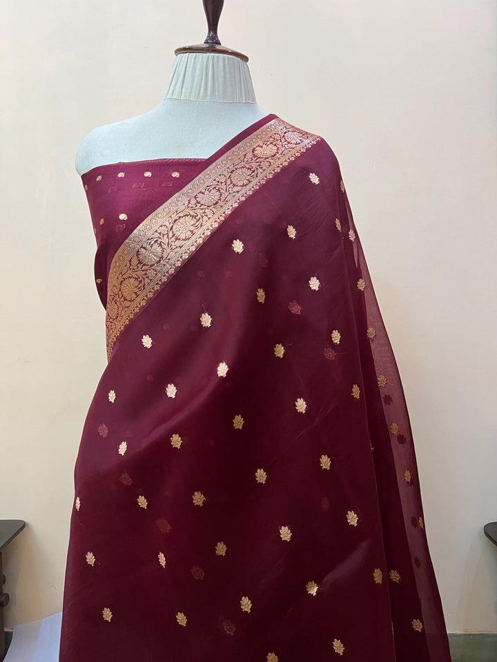 Maroon Banarasi Handloom Kora Silk Saree