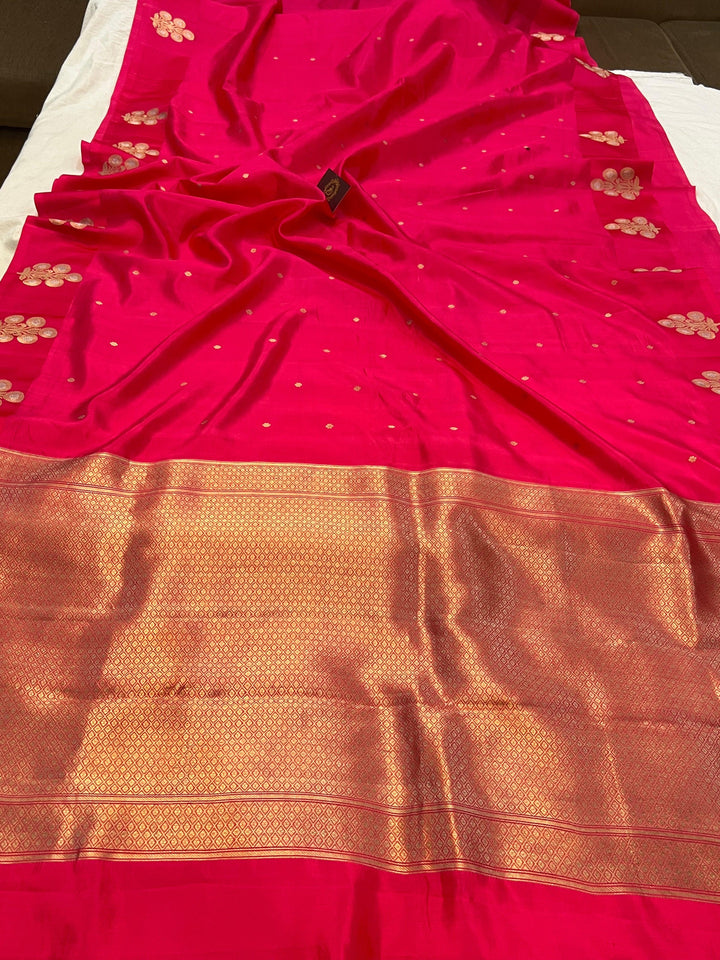 Orangish Pink Pure Banarasi Handloom Silk Saree - Aura Benaras