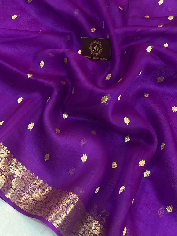Purple Banarasi Handloom Kora Silk Saree