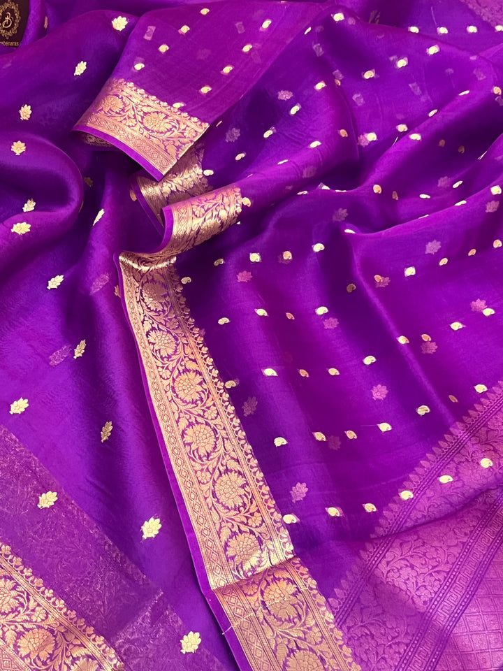 Purple Banarasi Handloom Kora Silk Saree