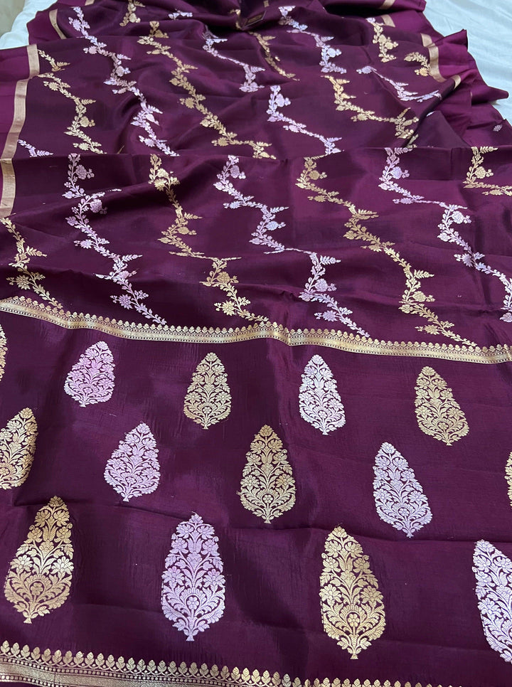 Wine Pure Banarasi Handloom Silk Saree - Aura Benaras