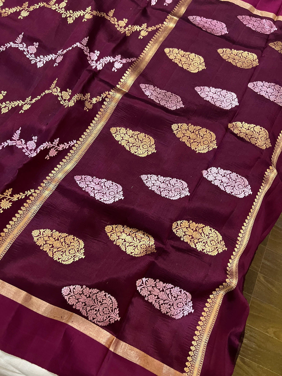 Wine Pure Banarasi Handloom Silk Saree - Aura Benaras