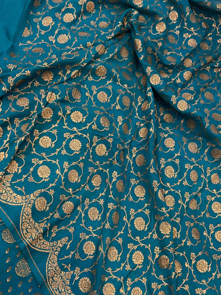 Rama Blue Pure Banarasi Khaddi Crepe Silk Saree - Aura Benaras