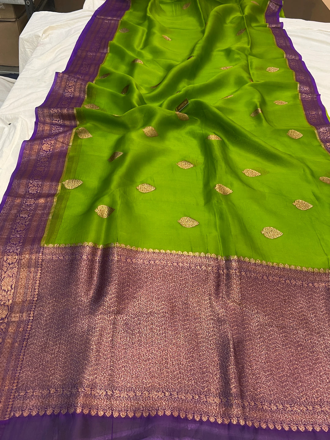 Parrot Green Pure Kora Silk Handloom Banarasi Saree