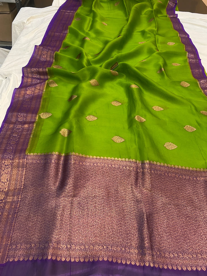 Parrot Green Pure Kora Silk Handloom Banarasi Saree