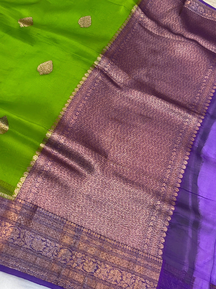 Parrot Green Pure Kora Silk Handloom Banarasi Saree