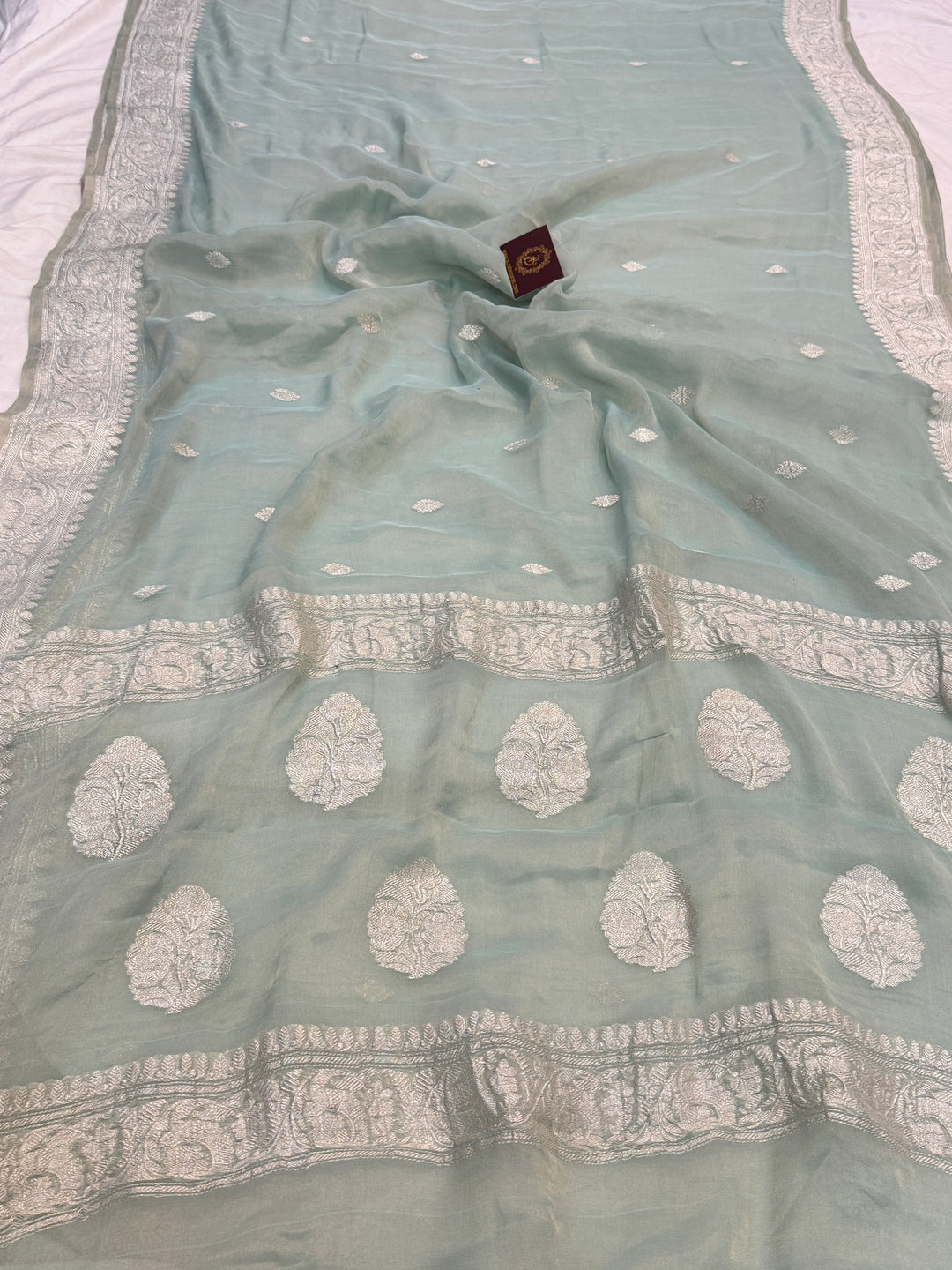 Pre Order :: Mint Blue Pure Chiffon Tissue Silk Banarasi Saree