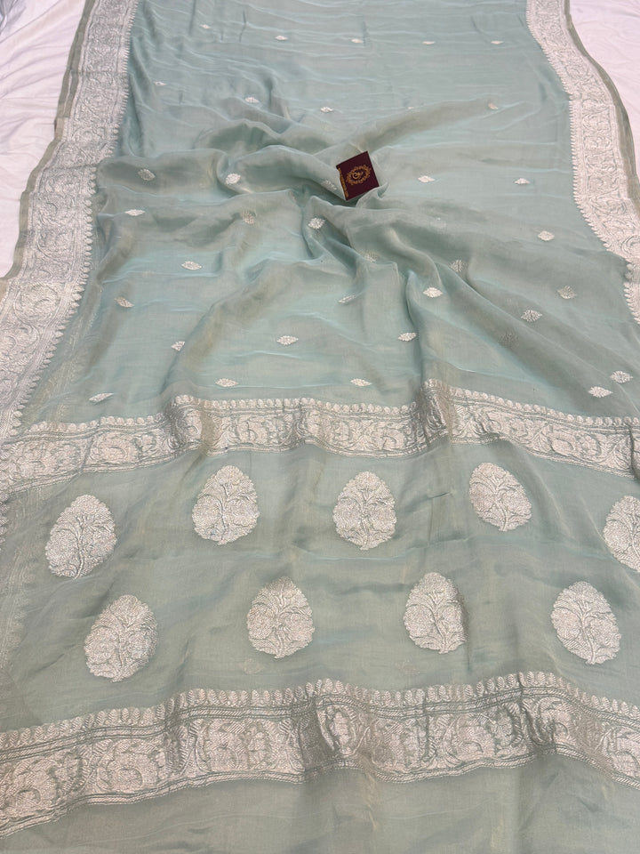 Pre Order :: Mint Blue Pure Chiffon Tissue Silk Banarasi Saree