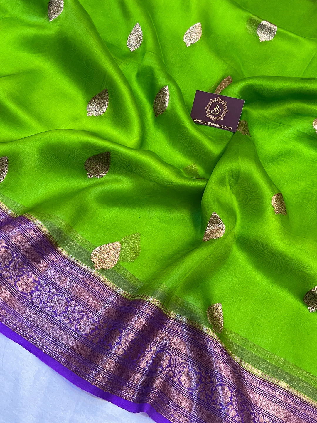 Parrot Green Pure Kora Silk Handloom Banarasi Saree
