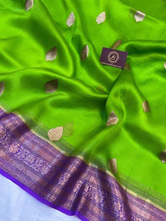 Parrot Green Pure Kora Silk Handloom Banarasi Saree