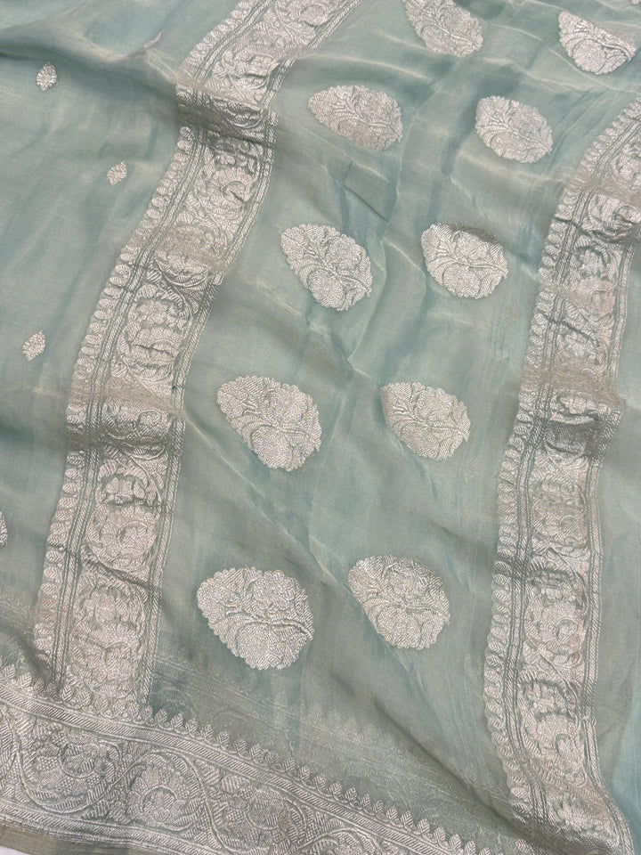 Pre Order :: Mint Blue Pure Chiffon Tissue Silk Banarasi Saree