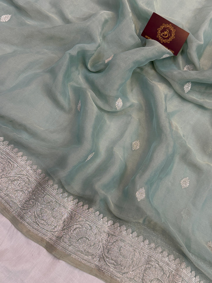 Pre Order :: Mint Blue Pure Chiffon Tissue Silk Banarasi Saree