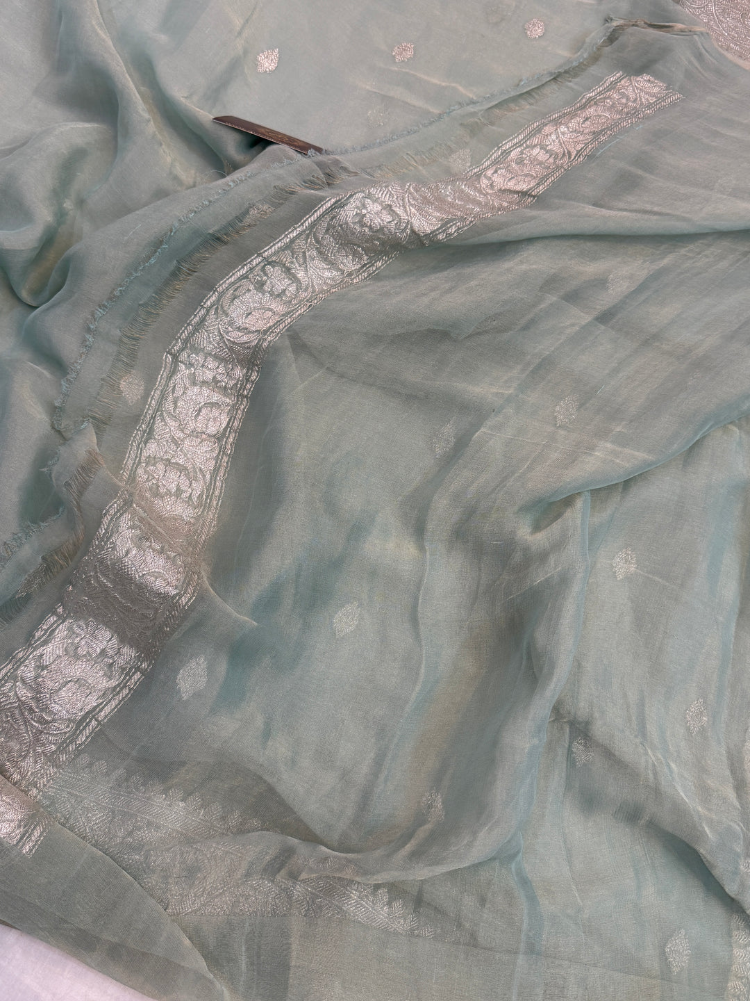 Pre Order :: Mint Blue Pure Chiffon Tissue Silk Banarasi Saree