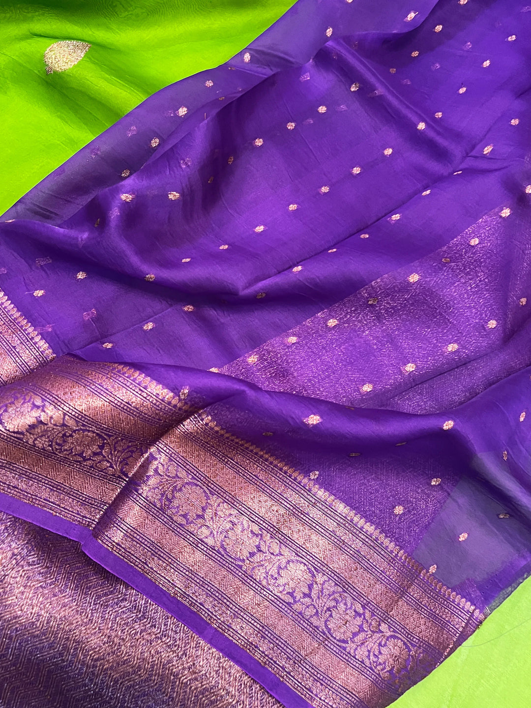 Parrot Green Pure Kora Silk Handloom Banarasi Saree