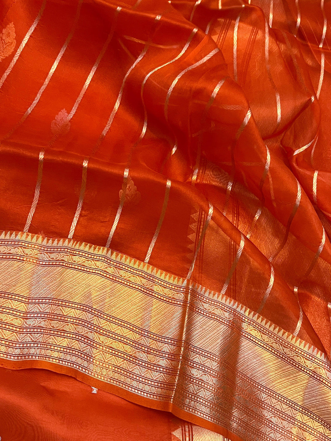 Orange Banarasi Handloom Kora Silk Saree - Aura Benaras