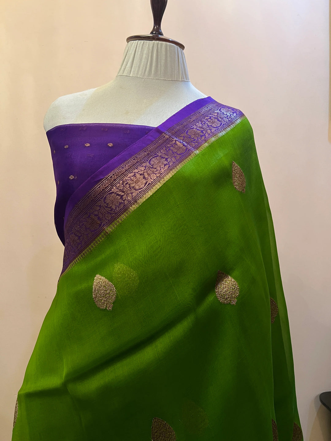 Parrot Green Pure Kora Silk Handloom Banarasi Saree