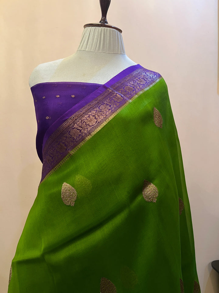 Parrot Green Pure Kora Silk Handloom Banarasi Saree