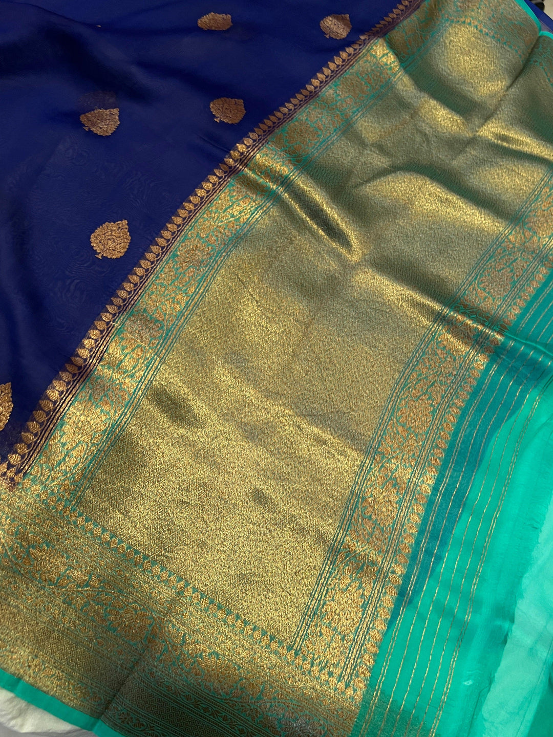 Navy Blue Pure Kora Silk Handloom Banarasi Saree