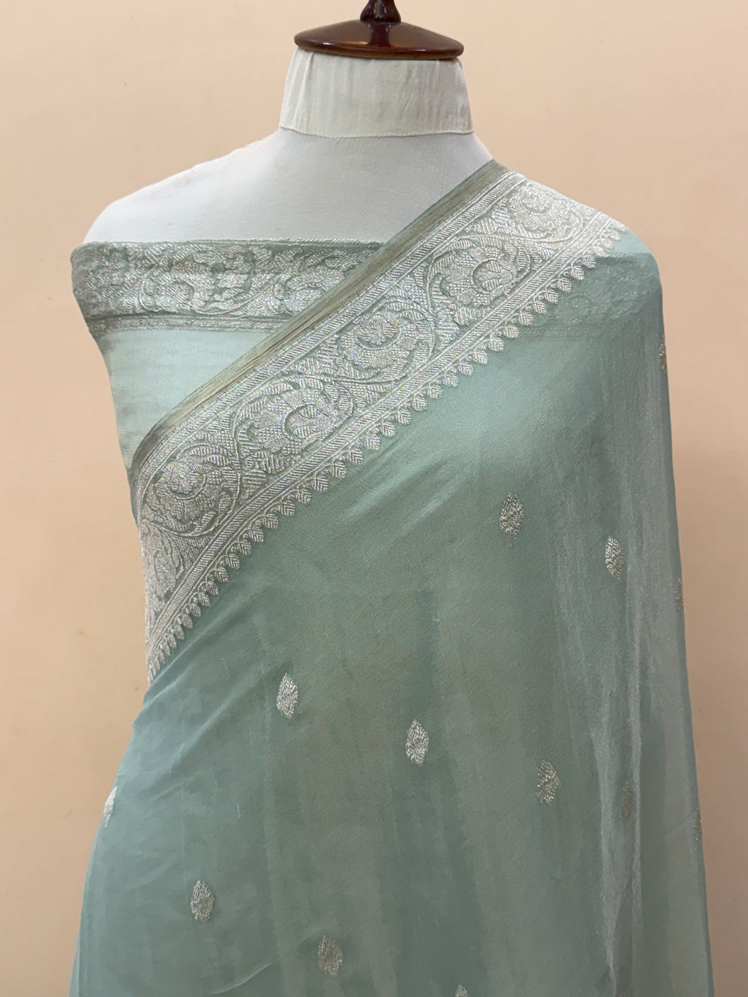 Pre Order :: Mint Blue Pure Chiffon Tissue Silk Banarasi Saree