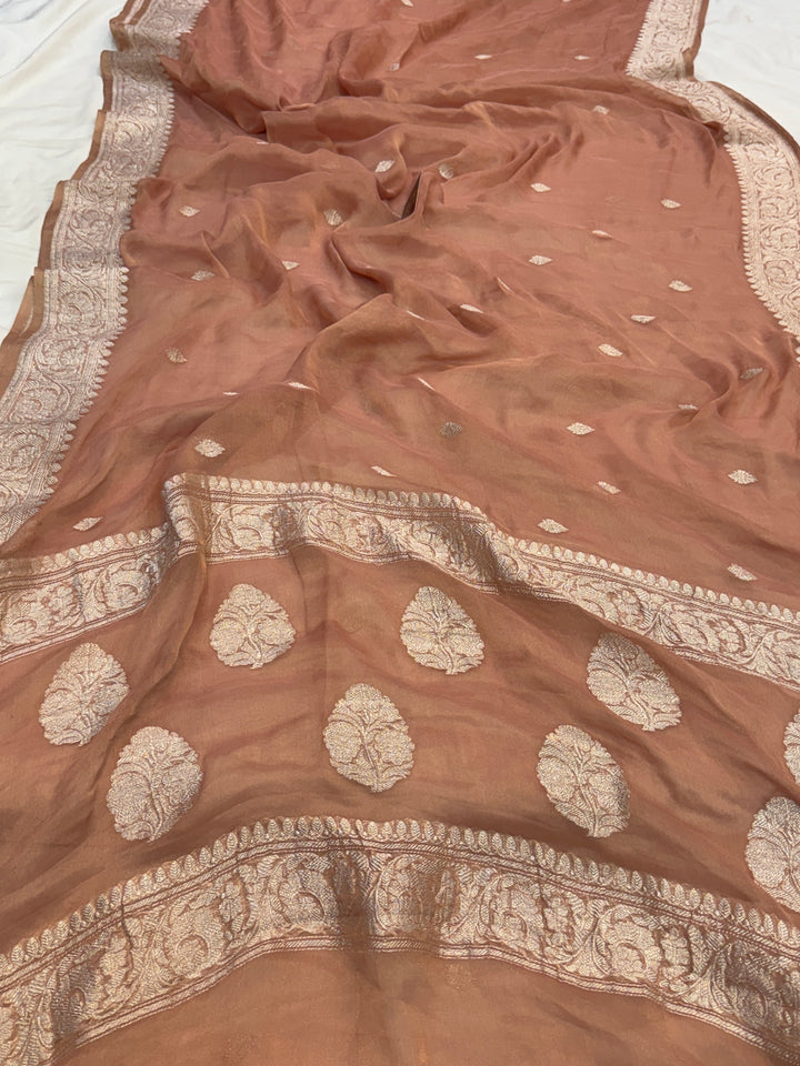 Pre Order :: Peach Pure Chiffon Tissue Silk Banarasi Saree