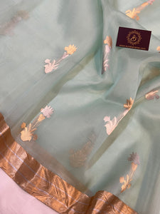 Pani Blue Banarasi Handloom Kora Silk Saree - Aura Benaras