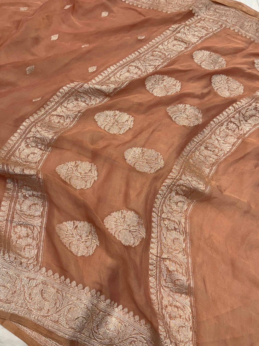 Pre Order :: Peach Pure Chiffon Tissue Silk Banarasi Saree