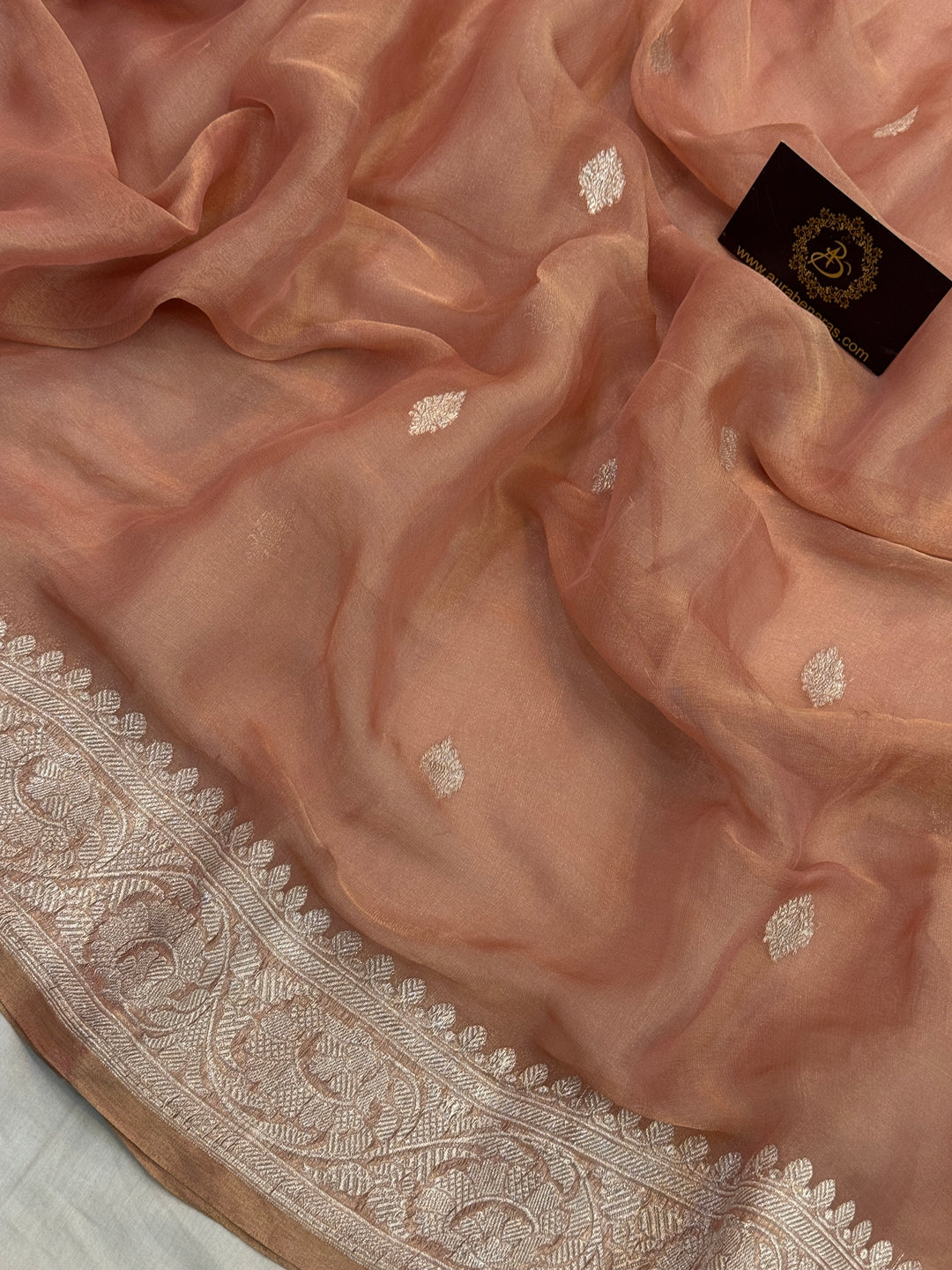 Pre Order :: Peach Pure Chiffon Tissue Silk Banarasi Saree