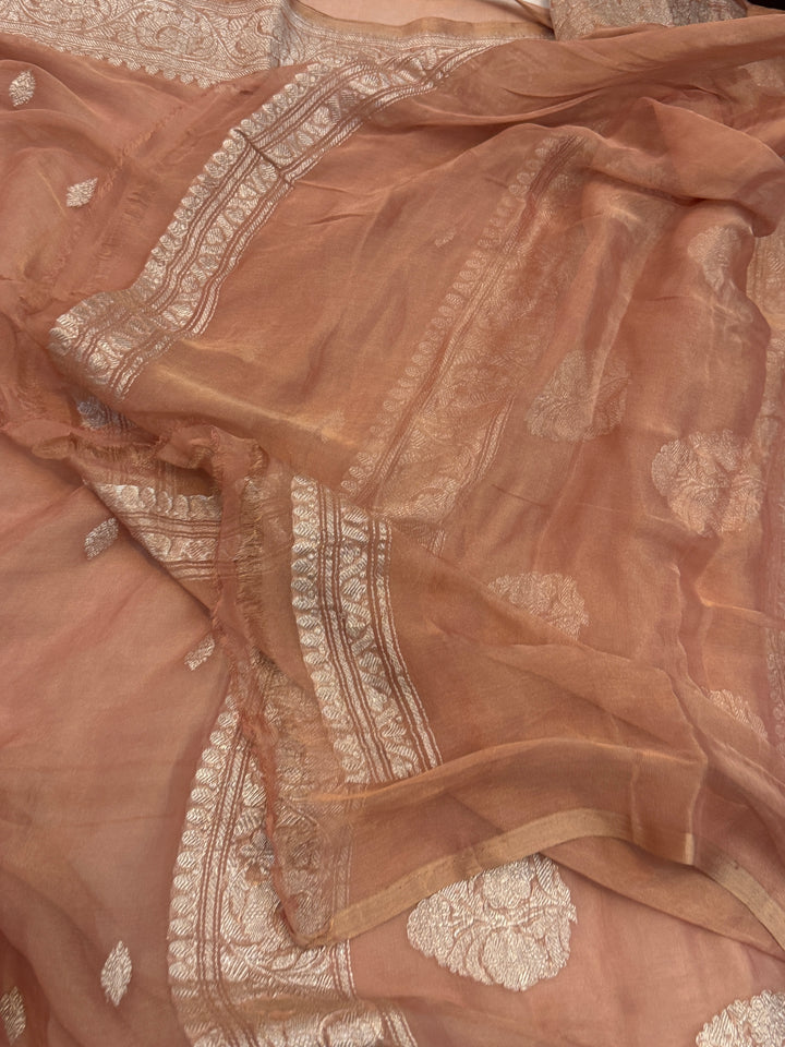 Pre Order :: Peach Pure Chiffon Tissue Silk Banarasi Saree
