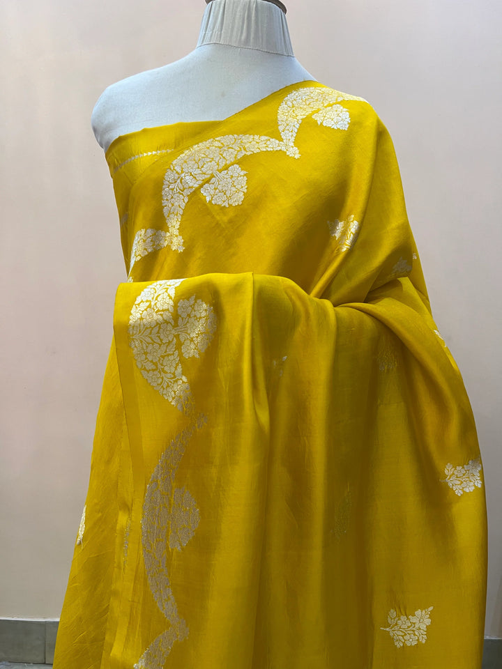 Yellow Pure Silk Handloom Banarasi Saree with Scallop Border